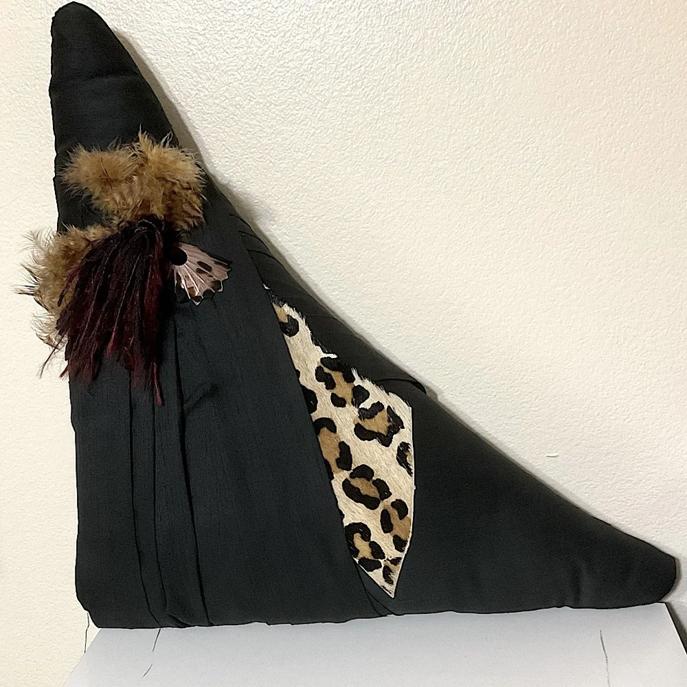 “RARE” Brand Custom Silk, Decorative Pillow Leopard Fur, Feathers
